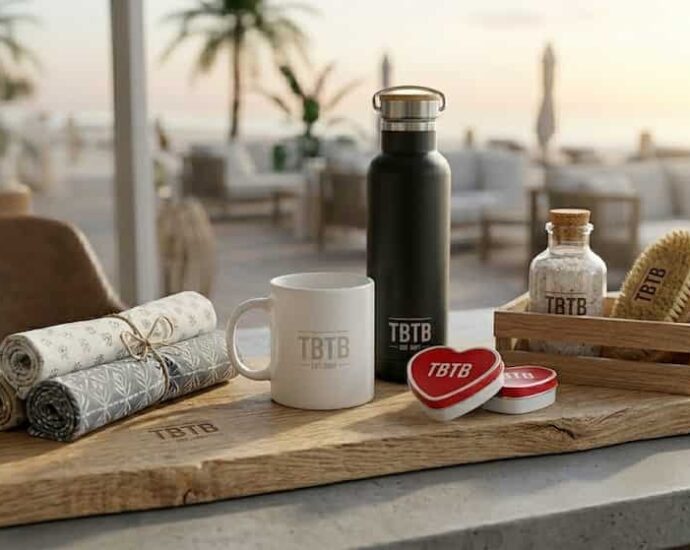 Luxe landschappelijke checklist van premium en duurzame TBTB relatiegeschenken voor 2026 inclusief bedrukte drinkflessen en mokken in een zakelijke groene setting.