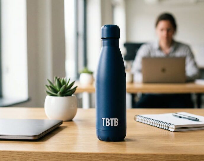 epersonaliseerde waterfles bedrukt met logo op kantoor.