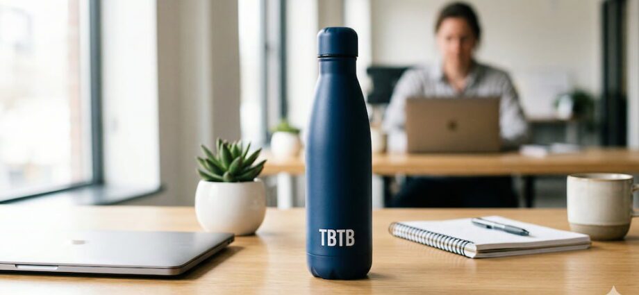 epersonaliseerde waterfles bedrukt met logo op kantoor.